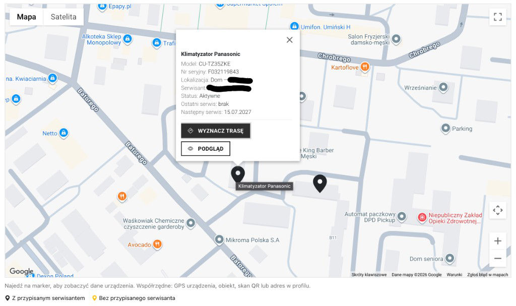 Mapa urządzeń QR System: markery GPS, karta urządzenia i ewidencja urządzeń w wielu lokalizacjach