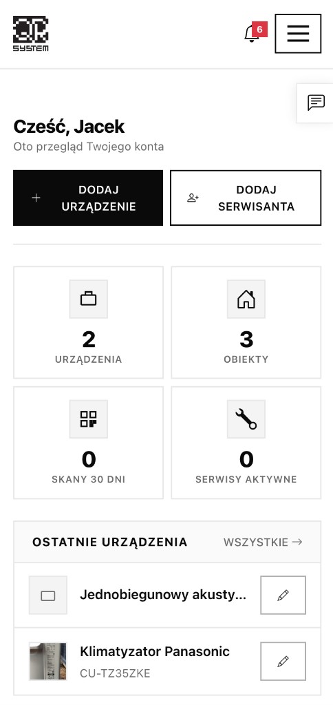 Panel użytkownika QR System na telefonie: pulpit mobilny z urządzeniami i statystykami