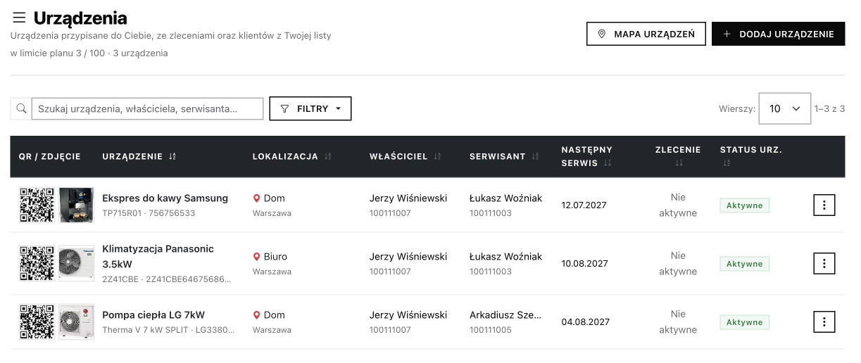 Panel użytkownika QR System: lista maszyn, lokalizacje i historia eksploatacji