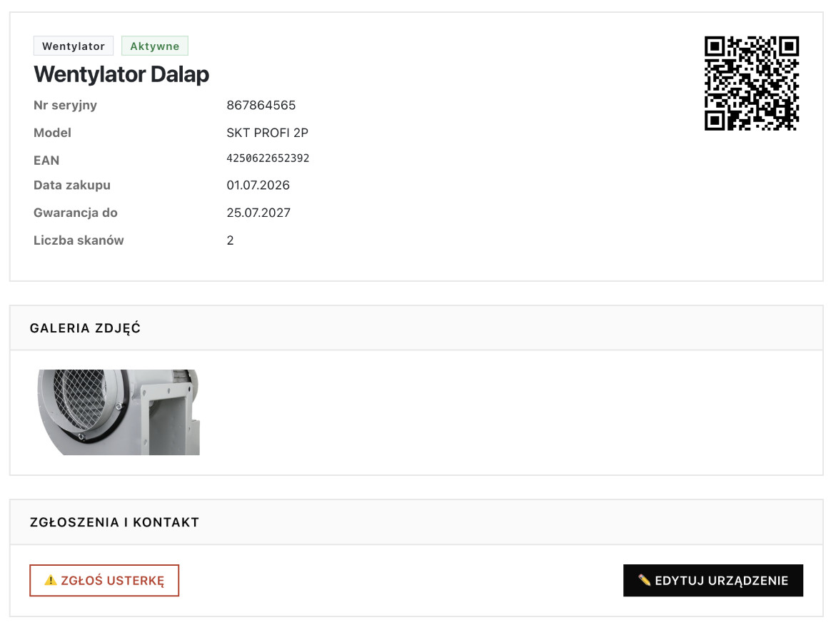 Karta maszyny w QR System otwarta po zeskanowaniu kodu QR