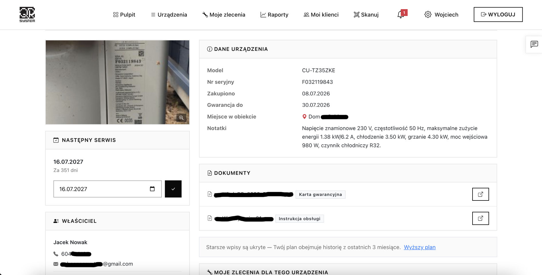 Podgląd urządzenia z pełną historią serwisową po zeskanowaniu kodu QR