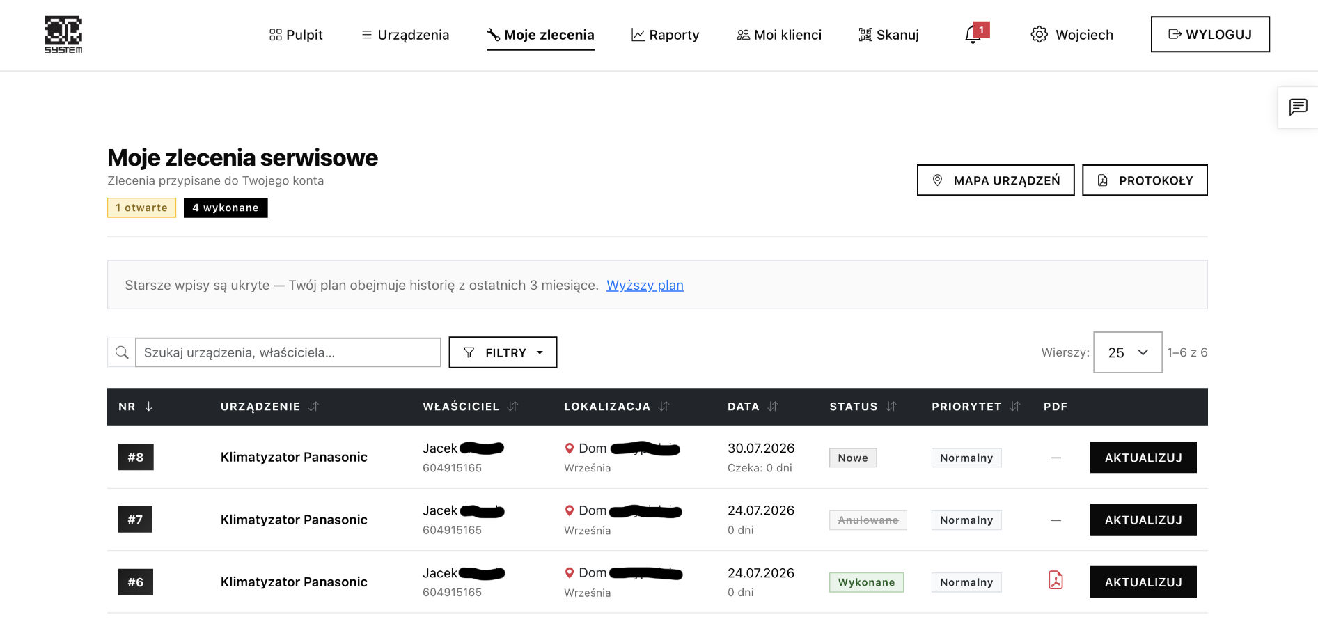 Lista zleceń serwisowych w QR System