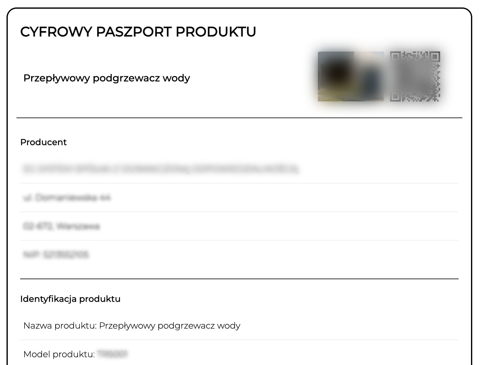 Wizualizacja Cyfrowego Paszportu Produktu (DPP) dla przepływowego podgrzewacza wody, zawierająca dane producenta i kod QR